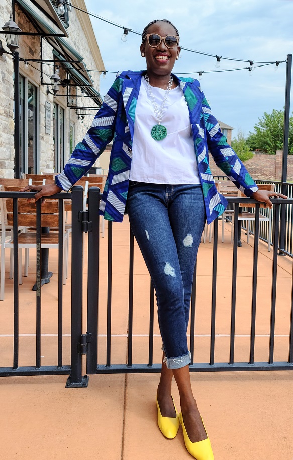 African print blazer on white tops and jeans styling for fall