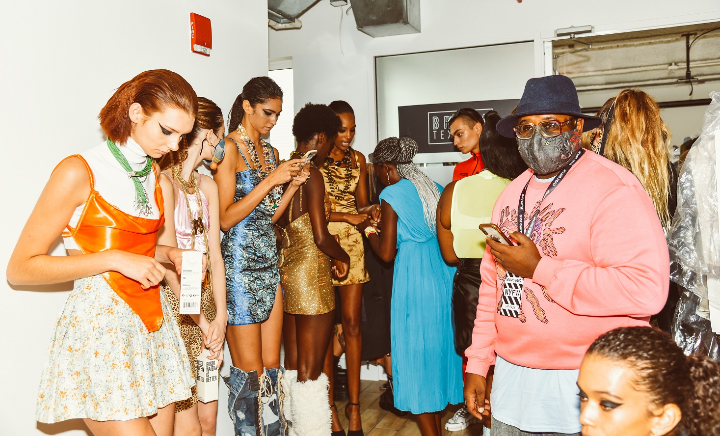 Model in Zuri Perle Luba leather Necklace model backstage at new york fashion week runway accessories